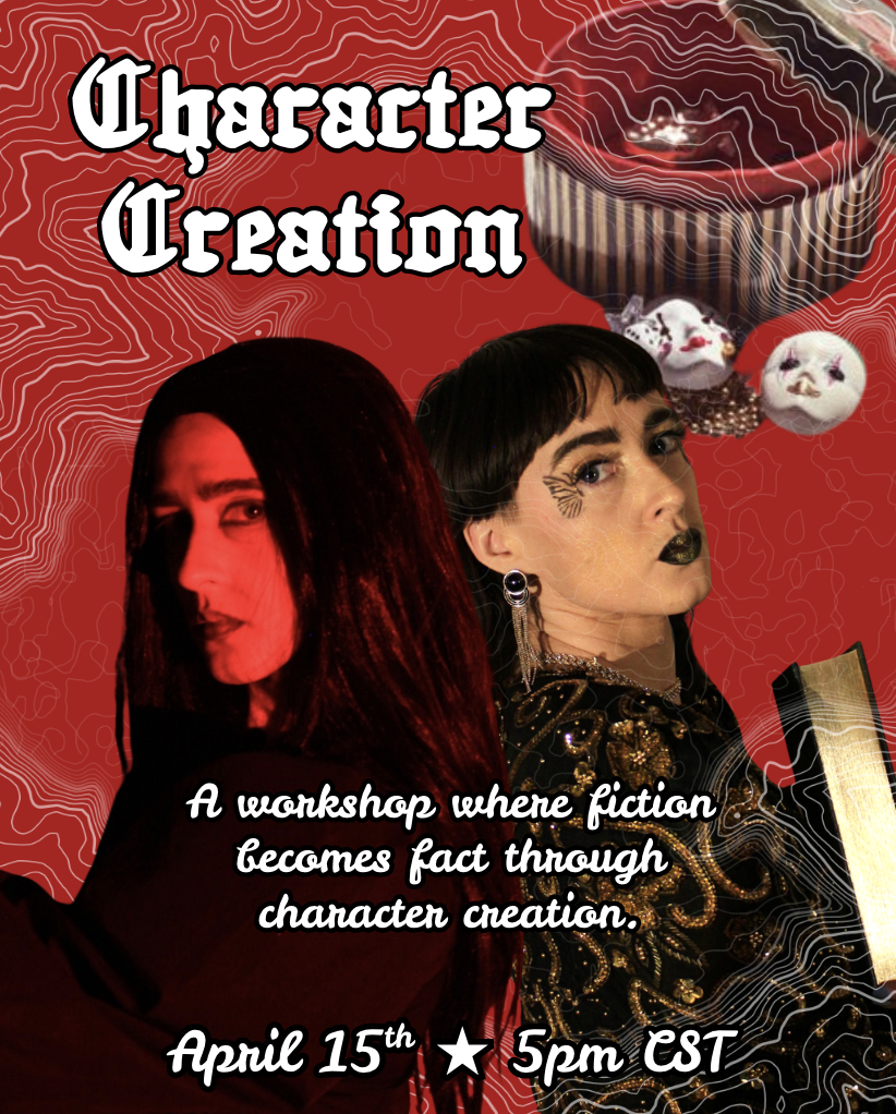Flyer for Aryn the Alchemist's character creation class, a workshop where fiction becomes fact through character creation